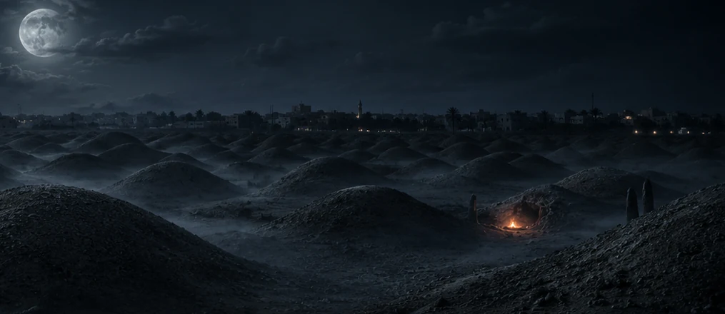 Fictional night illustration of burial mounds in the desert