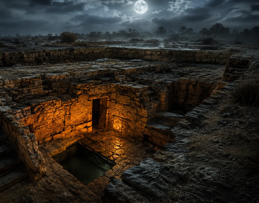 Fictional illustration of a lit underground chamber beneath the ruins at night