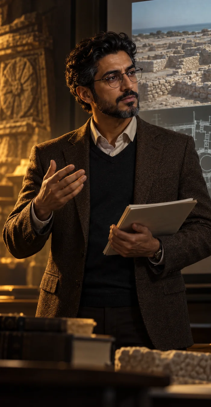 The professor in contemporary academic clothing beside his lecture podium
