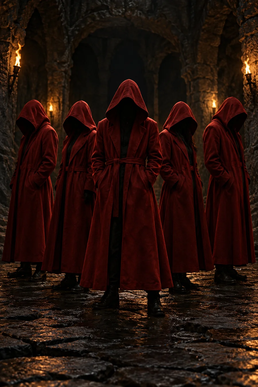 Five figures in long red hooded coats in a shadowed fictional chamber